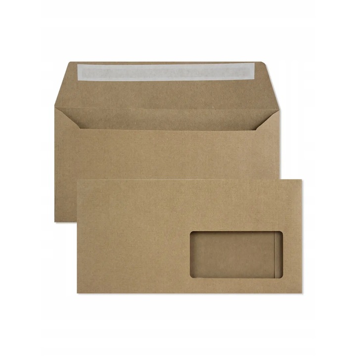 Set de plicuri decorative, Netuno, EKO Kraft, DL, 110x220mm, Banda detasabila, ecologica, cu fereastra pe partea dreapta, 100g/m2, Hartie, maro, 500 buc