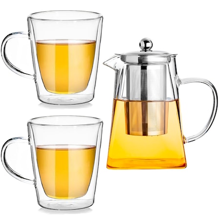Set ceainic cu 2 cani, Quasar & Co.®, Tea Time, cu infuzor, capac si 2 cani cu pereti dubli, 750 ml/2 x 250 ml, transparent