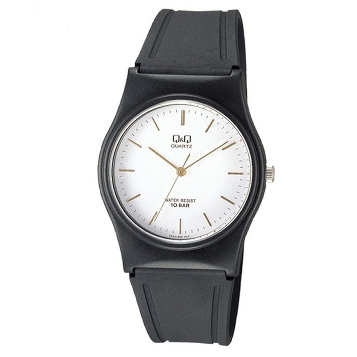 Q&Q analóg unisex karóra, fekete színű műanyag tok, fekete műanyag szíj, fehér számlap, ásványüveg, quartz szerkezet, 100 m (10 ATM) vízállóság - VP34J005Y