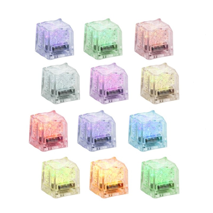 Set 12 cuburi de gheata luminoase cu LED RGB, PROCART, 2.7x2.7 cm