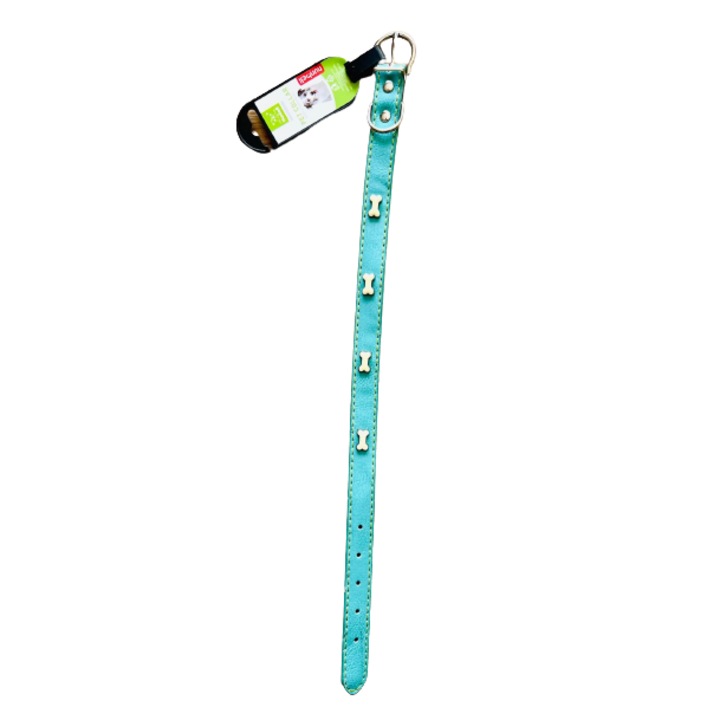 Zgarda pentru caini din piele naturala si accesoriu tip os, Nunbell Professional, 47 cm, Turcoaz