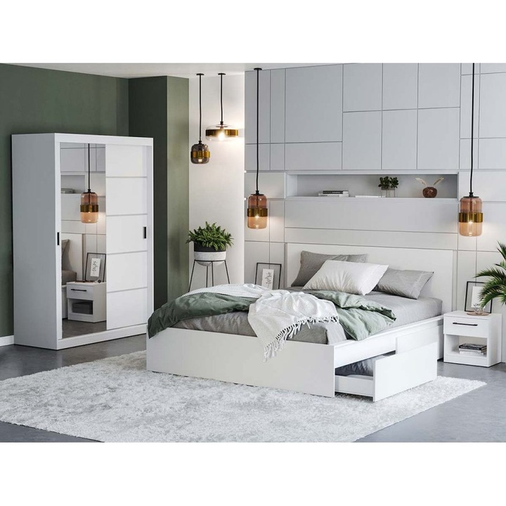 Set Dormitor Nordis, Alb C18 cu oglinda, fara Comoda, Pat 160x200, Dulap, Noptiere