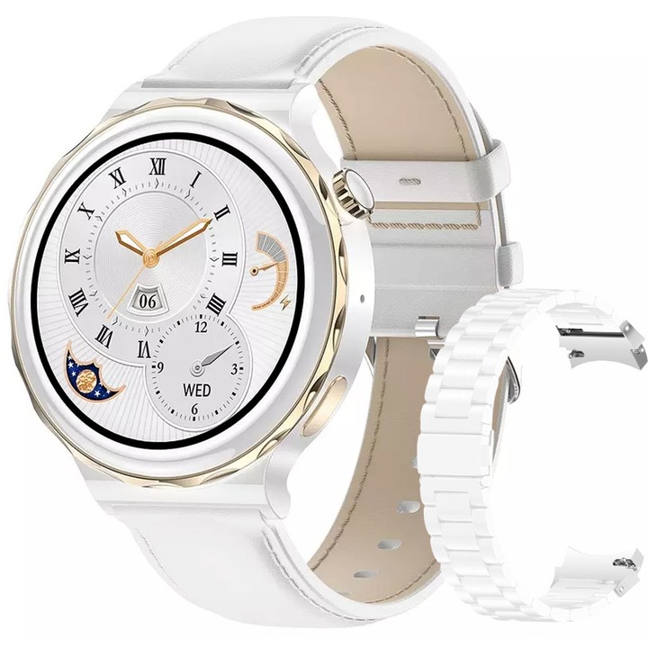 Smartwatch Ceramic PRO™ WATCH 1.36" Sapphire Ultra 3D, Приемане/осъществяване на повикване, Безжично зареждане, Музика, Персонализиран, 24/7 фитнес тракер/здраве, Две каишки, Gold Edition