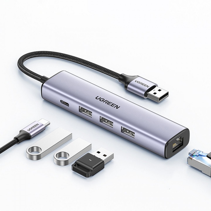 Ugreen HUB USB тип C Мултифункционален адаптер – 3 x USB / Ethernet RJ-45 / USB тип C PD сив (CM475)