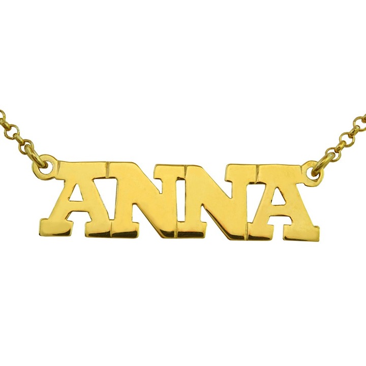 Anna névnyaklánc nyomtatott betűvel, ezüst ékszer aranyozva
