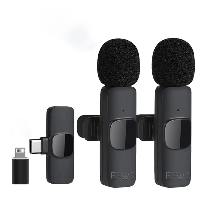 Set 2 microfoane tip lavaliera, JESWO, USB-C, Functie limitare zgomot, Negru