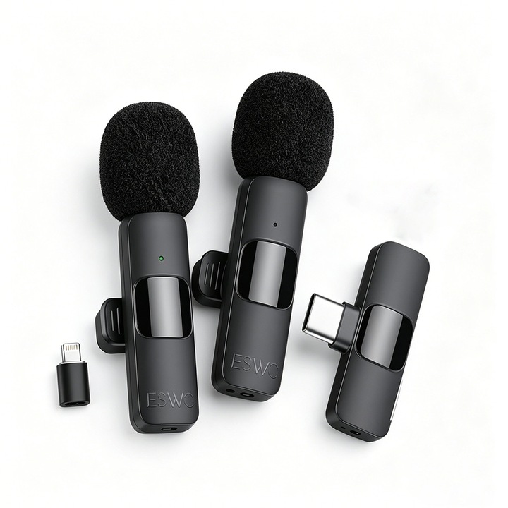 Set 2 microfoane tip lavaliera, JESWO, USB-C, Functie limitare zgomot, Negru