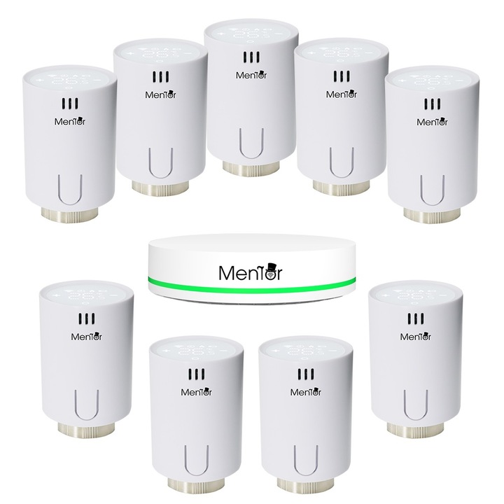 Mentor TSZB901 9.1 Készlet Termosztatikus fej és Hub intelligens ZigBee 3.0 Premium, LCD képernyővel, programozható, nyitott ablak funkcióval, fagy, gyerekzár, hangvezérlés Google Home, Amazon Alexa, Apple HomeKit Siri