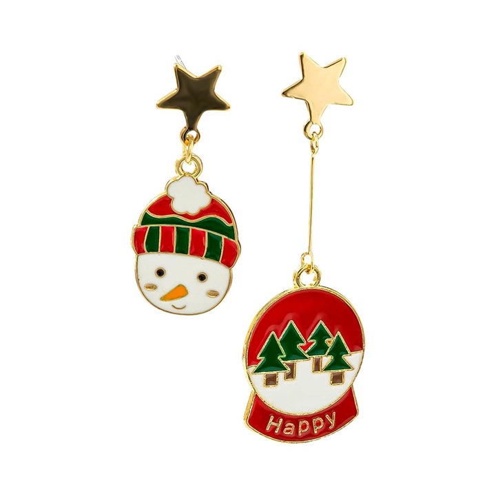 Cercei de Craciun asimetrici, om de zapada si glob cu braduti Auriu