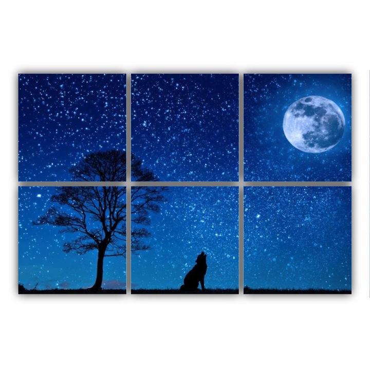 6 db-os Multivászon festmény készlet, A farkas és a hold 0486, UV-nyomat PREMIUM COTTON vászonra és fa keretre feszítve, 120X80 cm