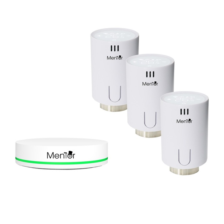 Mentor TSZB301 3.1 Készlet Termosztatikus fej és Hub intelligens ZigBee 3.0 Premium, LCD képernyővel, programozható, nyitott ablak funkcióval, fagy, gyerekzár, hangvezérlés Google Home, Amazon Alexa, Apple HomeKit Siri