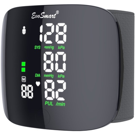Tensiometru de incheietura EvoSmart™ 809, Afisaj LED cu caractere mari, Auto-masurare, Detectare puls neregulat, Validat clinic, Manseta 22-32cm, Oscilometric, 90 Memorii, Negru