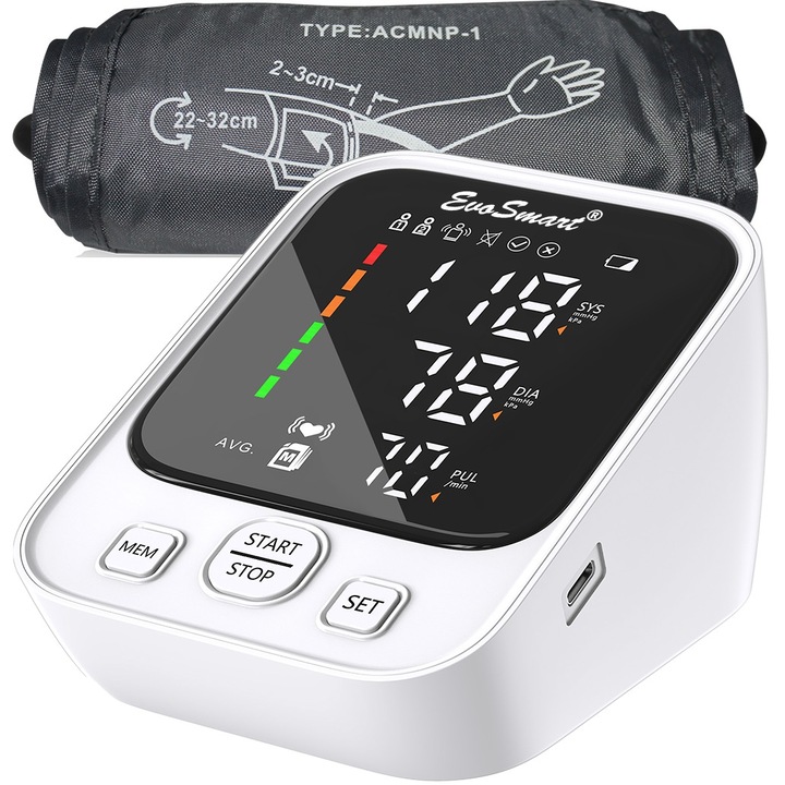 Tensiometru de brat EvoSmart™ 806, Afisaj LED cu caractere mari, Auto-masurare, Detectare puls neregulat, Validat clinic, Manseta 22-32cm, Oscilometric, 90 Memorii, Alb