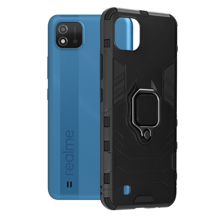 AZIAO Armor Ring tok Realme C11-hez (2021), Army Shield, hibrid szerkezet, 360°-os mágneses tartógyűrű, masszív, tartós tok, titán fekete