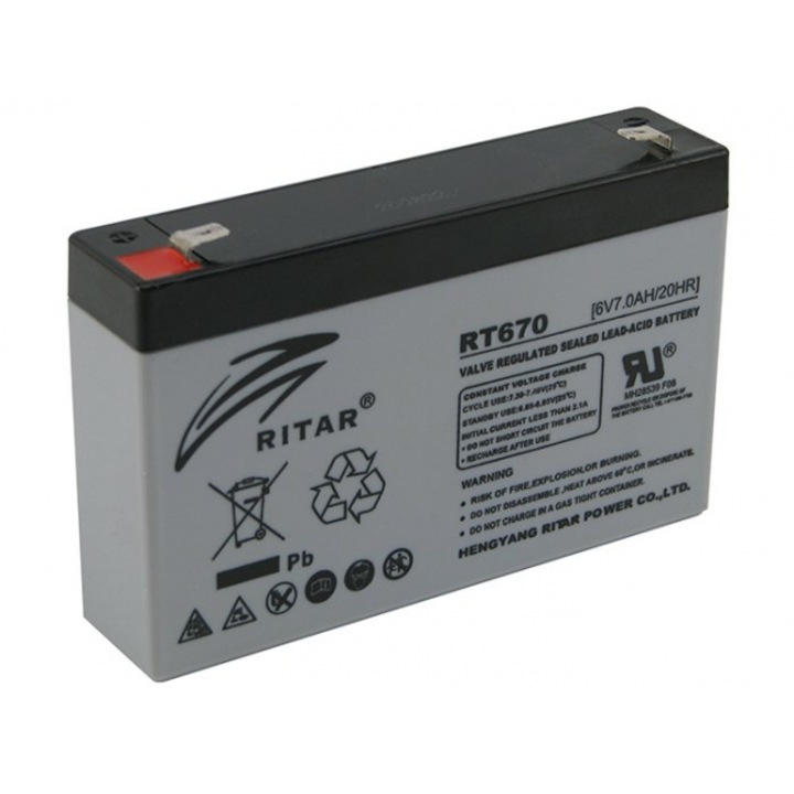 Оловна батерия RITAR, (RT670) AGM, 6V, 7Ah, 151 /34 /94 mm, Терминал1