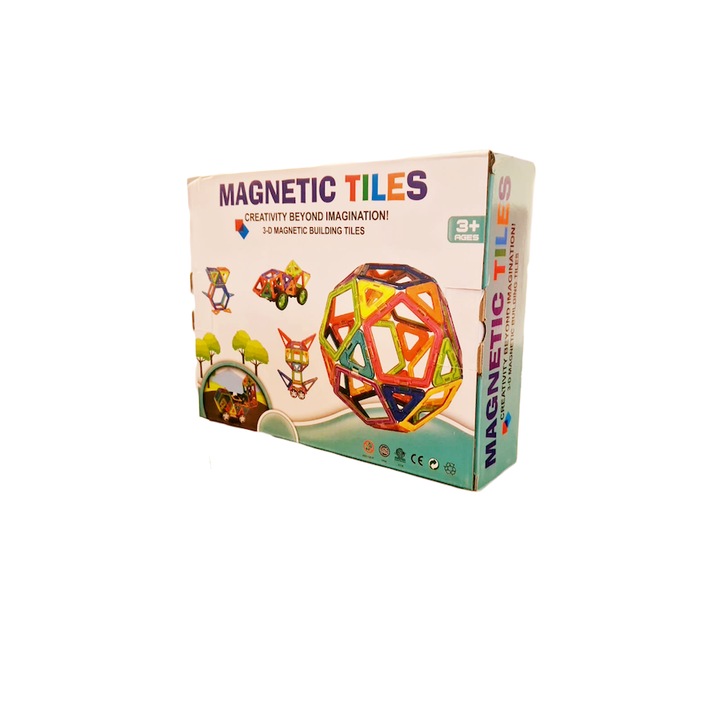 Set de Constructie Magnetic 3D, 118 Piese STEM Montessori, Interactive si Educationale, Magnetic Tiles, Multicolor, + 3 Ani