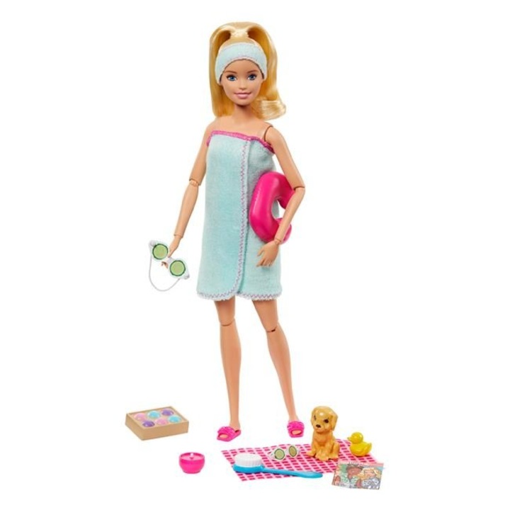 Set Papusa Barbie Wellness Beauty Day, Mattel, 11 piese, 15.2x6x33 cm, 3 ani +
