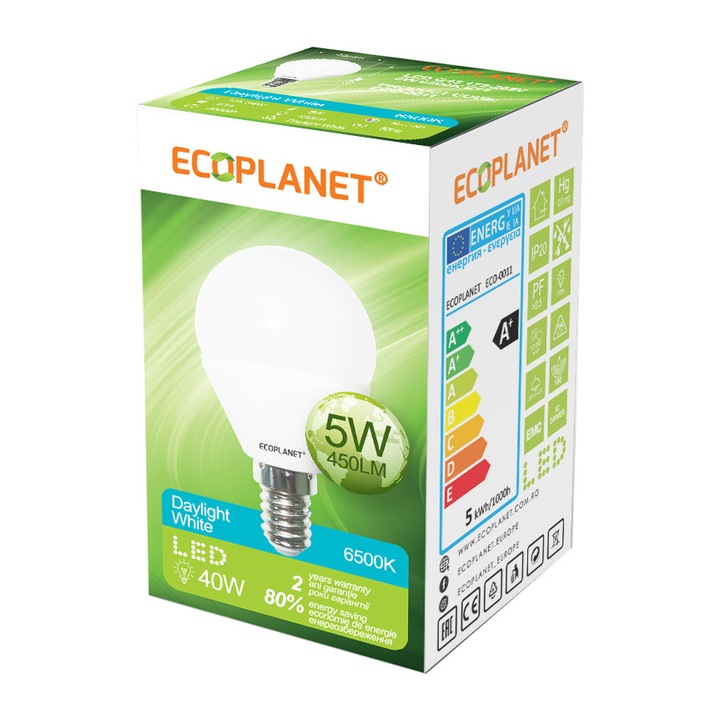 Bec LED Ecoplanet glob mic G45, E14, 5W (40W), 450 LM, A+, lumina rece 6500K, Mat