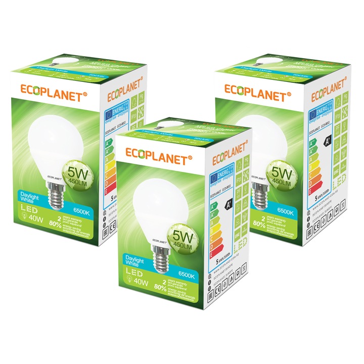 Set 3 buc - Bec LED G45 Ecoplanet, E14, 5W (40W), 450LM, F, lumina rece 6500K, Mat