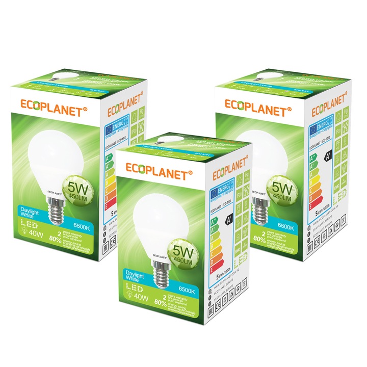 Комплект от 3 - G45 Ecoplanet LED крушка, E14, 5W (40W), 450LM, F, студена светлина 6500K, мат