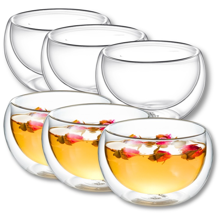 Set 6 Boluri mic din sticla termorezistenta, 80 ml, perete dublu, ThermoGlass, Wilmax England