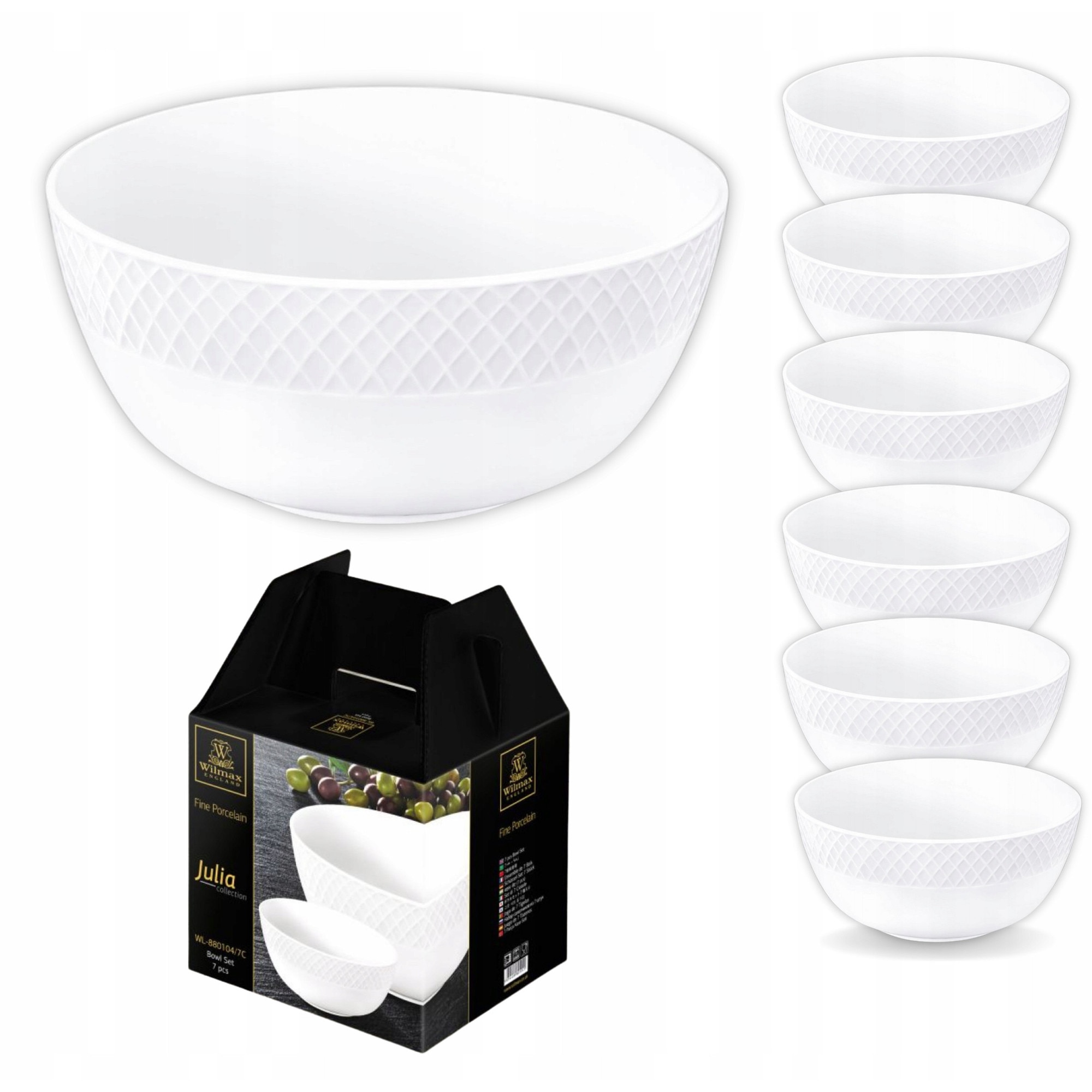 WILMAX Set de 7 boluri de porțelan Colectia JULIA albe, 1,9 litri