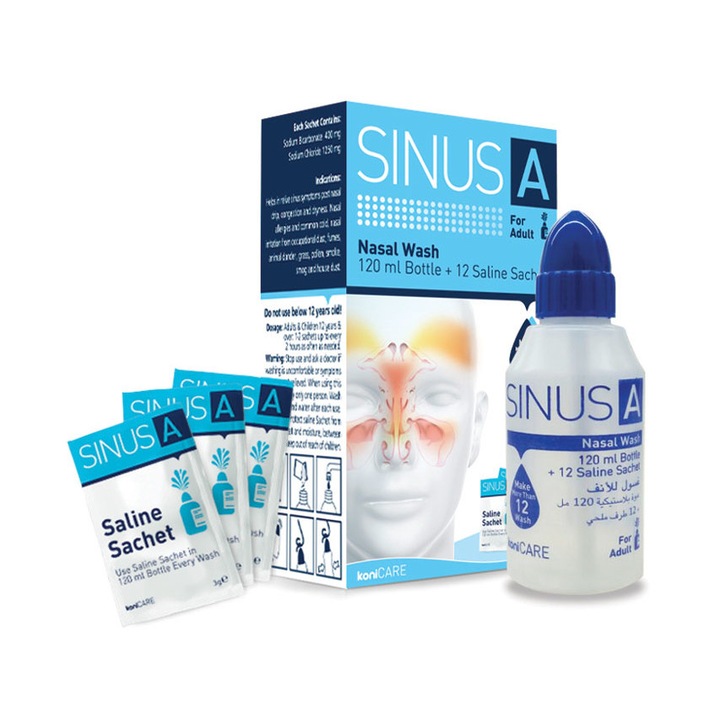 Set dus irigator nazal pentru adulti, 120 ml si 12 pliculete cu solutie salina pentru curatarea sinusurilor si decongestia nazala, Sinus A