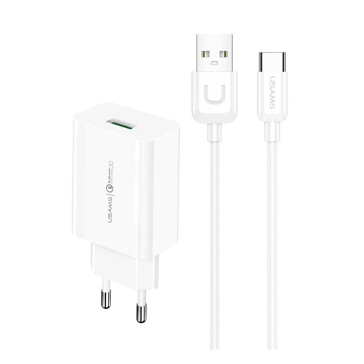 Usams t48 hálózati töltő usb aljzat (5v / 2000 ma, 18w, gyorstöltés támogatás + type-c kábel) fehér