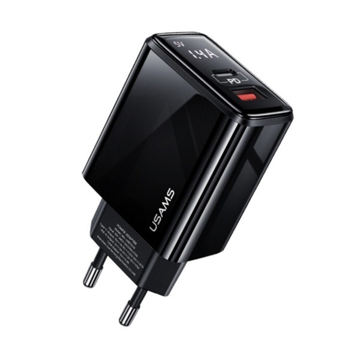 Usams t40 hálózati töltő usb+type-c aljzat, 20w, pd gyorstöltő 3.0, fekete