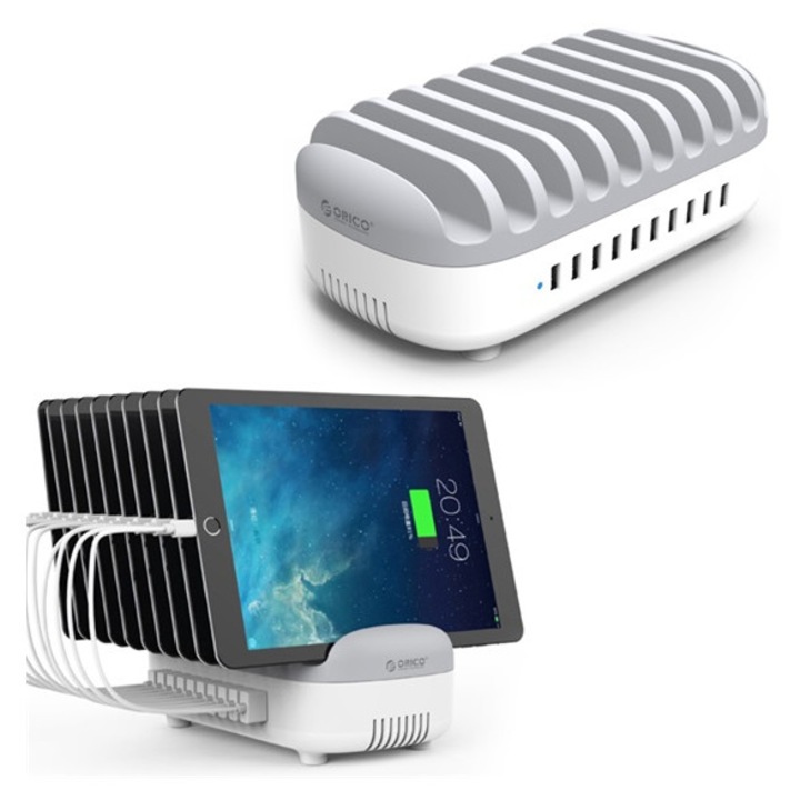 Orico asztali töltő állomás 10 usb aljzat, 5v/2.4a, 120w, 10 készülék egyidejű töltése, fehér