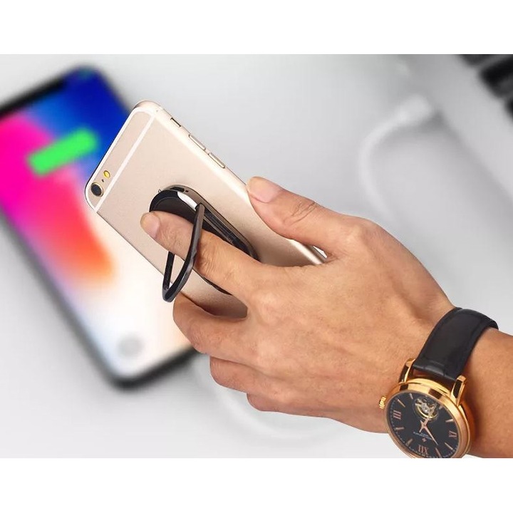 Suport pentru telefon tip inel, autoadeziv, cu magnet si bricheta pentru fumatori, Negru, cu incarcare USB