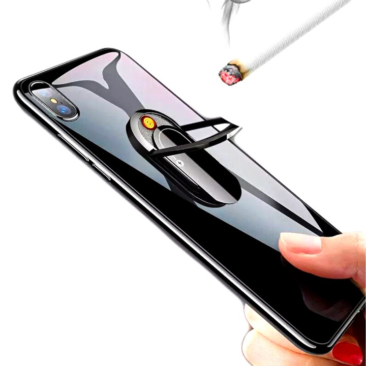 Suport pentru telefon tip inel, autoadeziv, cu magnet si bricheta pentru fumatori, Negru, cu incarcare USB