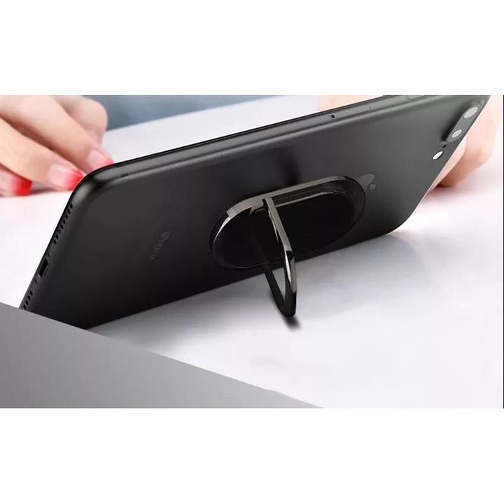 Suport pentru telefon tip inel, autoadeziv, cu magnet si bricheta pentru fumatori, Negru, cu incarcare USB