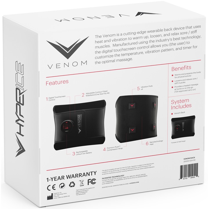 Centura spate cu sistem de incalzire Venom Back, 3 trepte vibratii, autonomie pana la 3 ore, touch screen, Nanotechnology heat, Hyperice