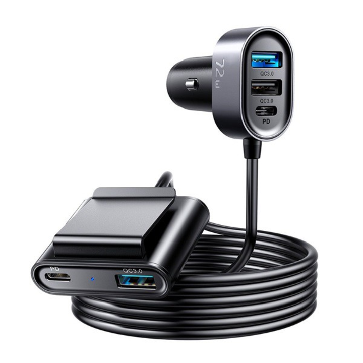 Incarcator Auto cu Extensie 1.5m, 3 x USB + 2 x type-C, Joyroom JR-CL05, 72W, Negru