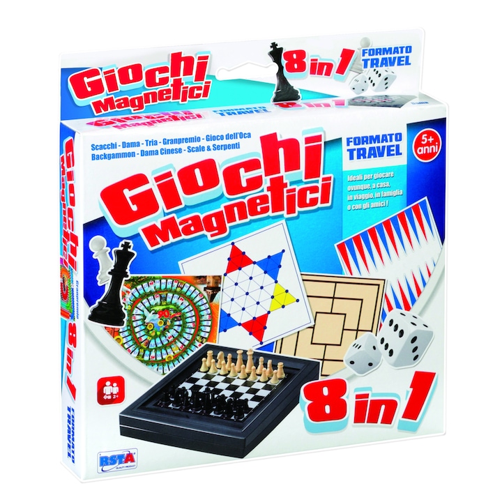 Set jocuri calatorie cu trusa, 8 in 1 RS Toys Magnetic, table, sah, dame, 100 piese