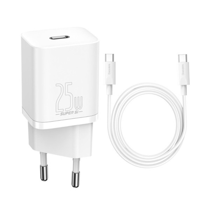 Baseus hálózati töltő type-c aljzat, 25w, pd gyorstöltő + type-c kábel, fehér