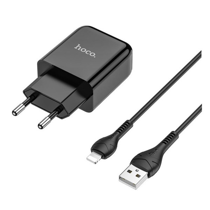 Apple iPhone 14 Plus / iPhone 14 Pro Max / iPhone 14 Pro Hoco n2 hálózati töltő usb aljzat (5v / 2000 ma, gyorstöltés támogatás + lightning 8pin kábel) fekete