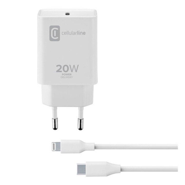 CELLULARLINE hálózati töltő Type-C aljzat (5V / 3000 mA, 20W, PD gyorstöltés + Type-C - lightning 8 pin kábel), Fehér