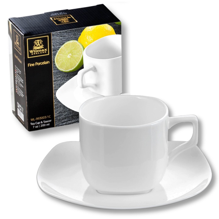 Cana de ceai cu farfurie, Wilmax England, Portelan, 200 ml, Alb