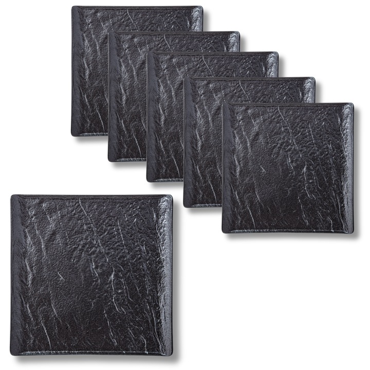 Set 6 Farfurii desert, Portelan, Negru, patrat, 13 cm, moderne, imitatie piatra, Slatestone WILMAX