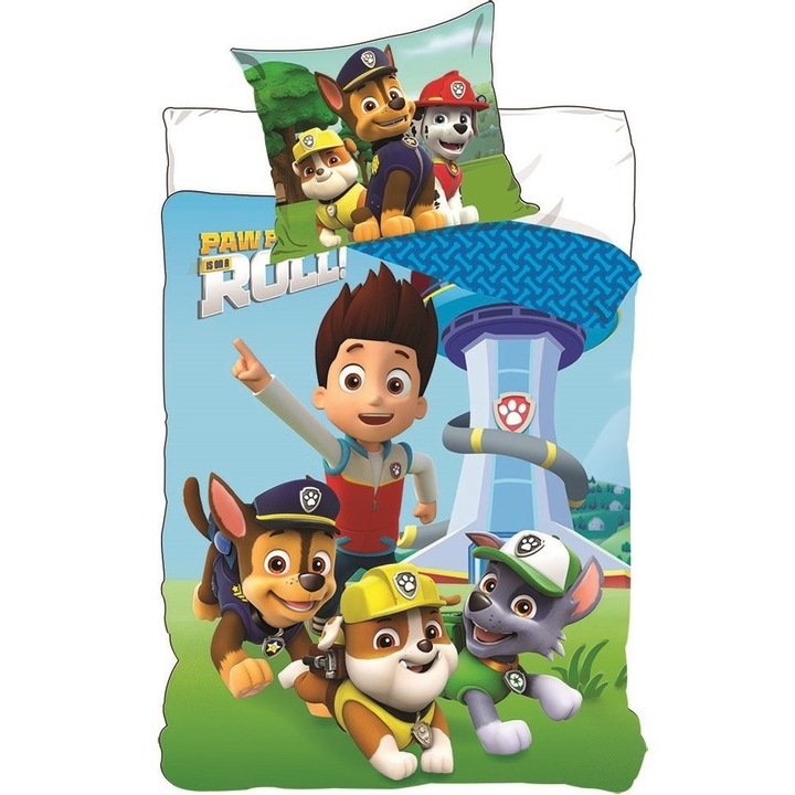 Lenjerii de pat copii, Paw Patrol, Roll 2 piese 100x135 cm, 40x60 cm Albastru