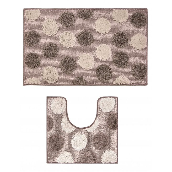 Set Covorase Baie, Emmervi Bagno Ios, 2 Piese, Polipropilena cu Spate Latex Antiderapant, Model cu Buline, Lavabile Manual si in Masina, Potrivite pentru Baie sau Dormitor, 50x80 cm si 50x40 cm, Bej