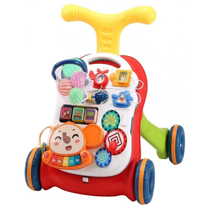IdealStore Baby Elephant 3 в 1 визуализатор, Снабден с подвижен интерактивен панел, Може също да се трансформира в маса за занимания със звуци, Баскетболен кош с включени 3 топки, Червен цвят