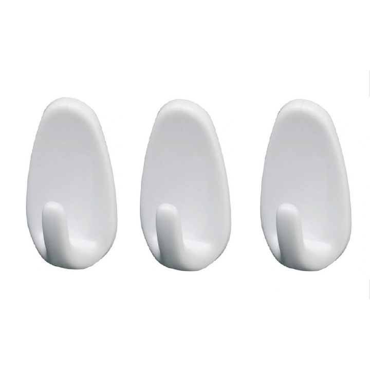 Set 3 agatatori autoadezive, Bisk, Plastic, 3 x 2 x 5 cm, Alb