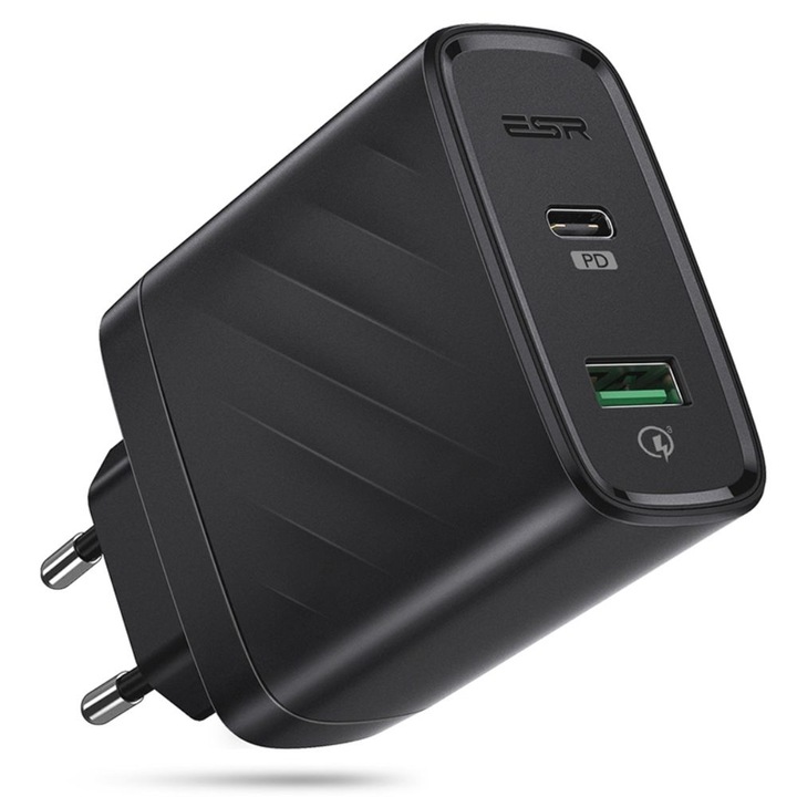 Мрежово зарядно устройство Esr Travel Wall Charger Dual USB Plug EU Black 36W, 1 x PD, 1 x Quick Charger
