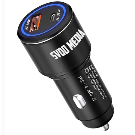 Incarcator Auto Telefon SvodMedia®️ Corp Aliaj Aluminiu 54W Super Fast Charger USB si Type-C, cu LED, Quick Charge 4.0, Metalic Negru