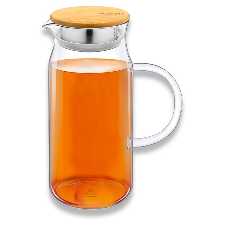 Carafa apa cu capac metalic/bambus, 1000 ml, Sticla termorezistenta, ulcior sucuri, limonada si bauturi, maner ergonomic, Wilmax England