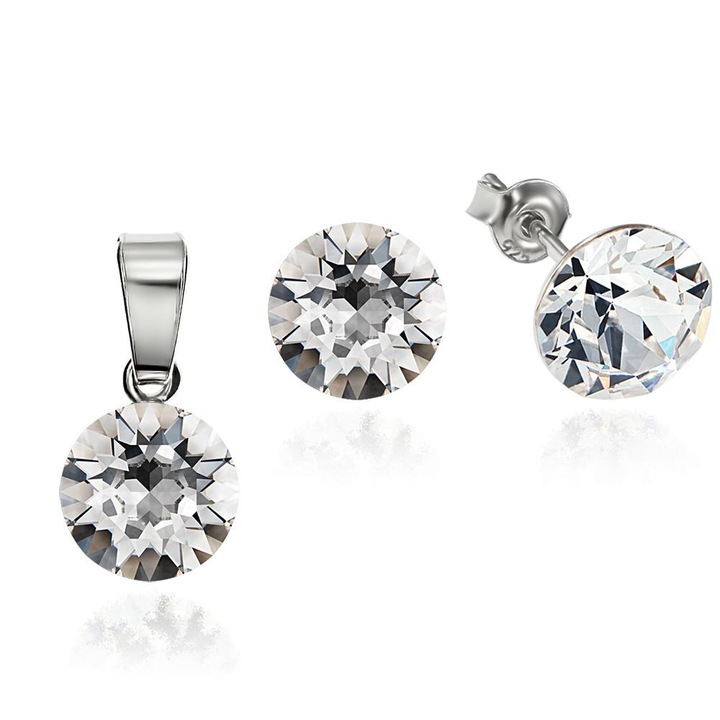 Ezüst 925 ródium bevonatú fülbevaló szett, Swarovski kristályokkal, Xirius kristály, e-Crystal, átlátszó, 8mm csavar