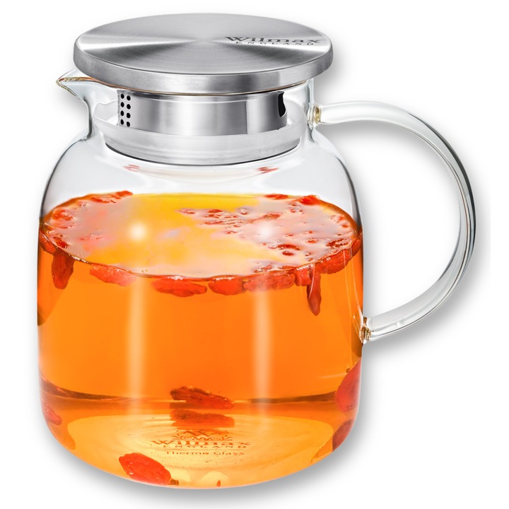 Carafa apa cu capac metalic, 1000 ml, Sticla termorezistenta, ulcior sucuri, limonada si bauturi, maner ergonomic, Wilmax England